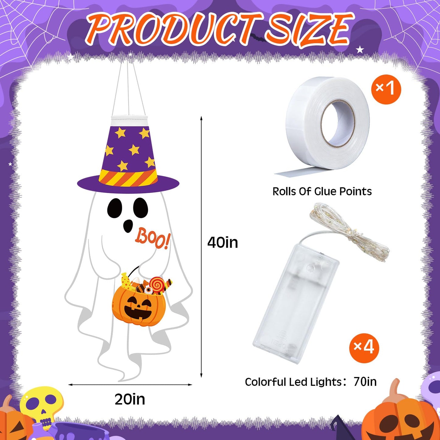 Amyhill 4 Pcs Halloween Windsocks with LED Lights Outdoor Decoration Pumpkin Ghost Skeleton Witch 40 Windsock Flag Hanging Decorations for Yard Tree Porch Garden Patio Halloween Party Supplies