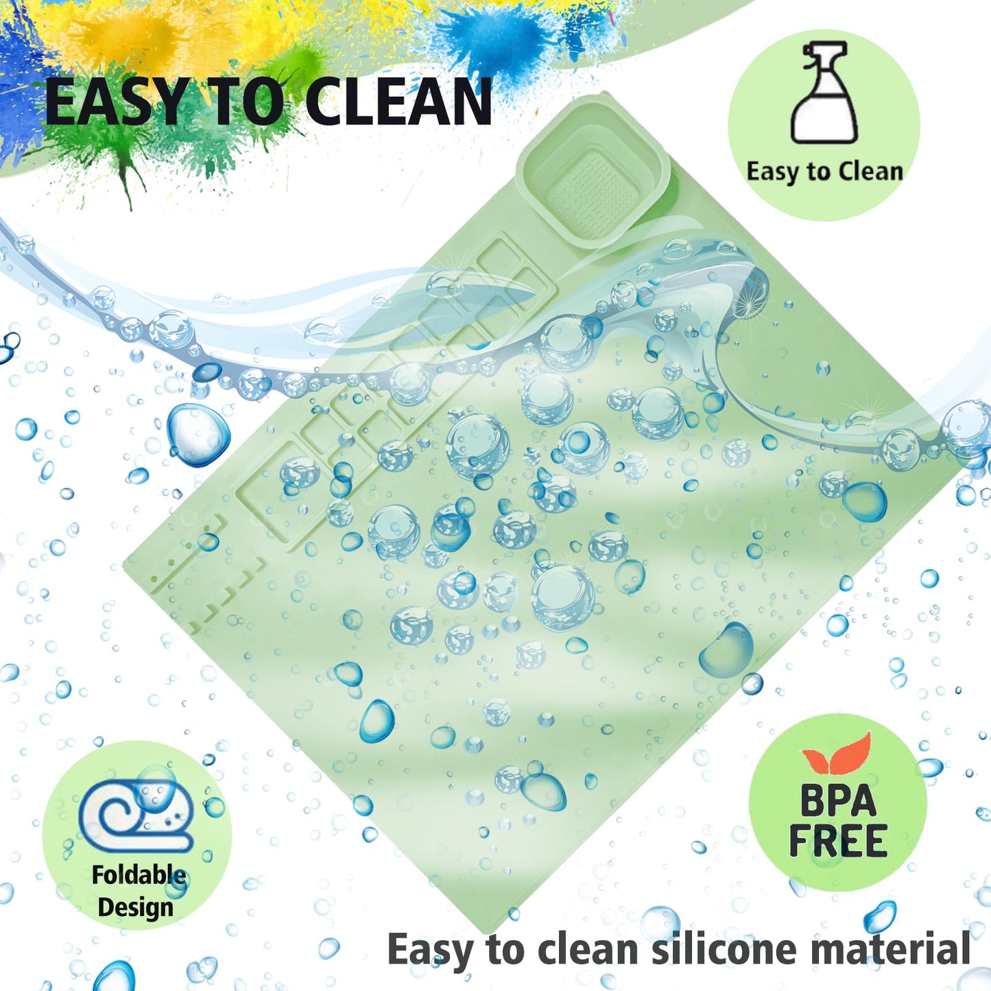 SOQKEEN Silicone Painting Mat 20"x16" Paint Mats with Cup Collapsible Non-Stick Craft Mat Playdough Beading Matt for Resin Coloring Drawing Art Crafting Doh Handmade DIY (Green)