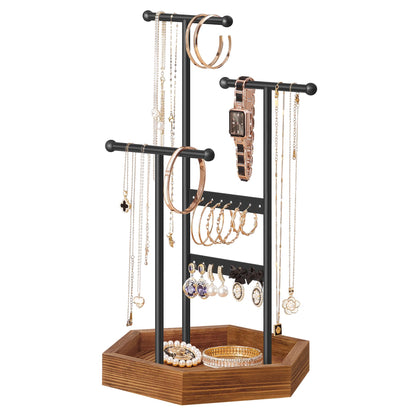 SONGMICS Jewelry Holder, Jewelry Organizer, 3 Tiers and 1 Tray, Jewelry Display Stand with Metal Frame, Necklace Earring Bracelet Holder, for Rings, Ink Black and Caramel Brown UJJS03CB