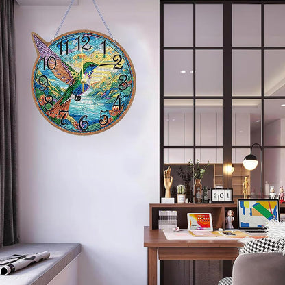 Hummingbird Diamond Art Hanging Wall Clock, Kits for Adult, Diamond Art Painting Hanging Kits Ornaments, DIY Special Shaped Rhinestone Window Pendants kit for Home Garden Wall Decor Gift