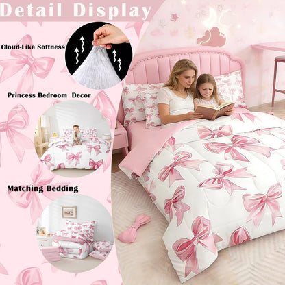 Erosebridal Kawaii Bowknot Girls Bed in A Bag with Sheets Dreamy Princess Style Full Comforter Set 7 Piece for Kids Teen Women,Girly Cute Bow Bedding Set Pink Bow Tie Bed Set Bedroom Decor