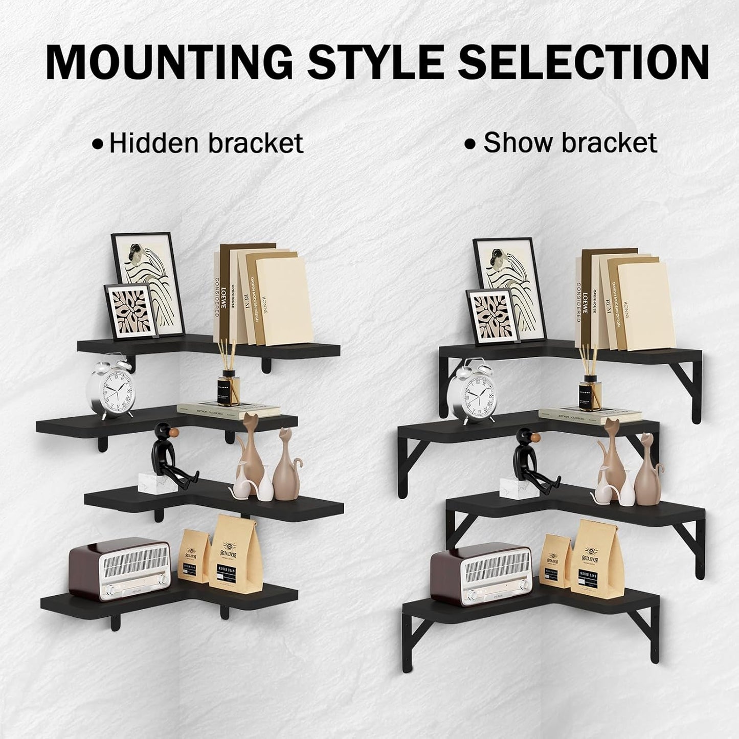 Set 4, Muzilife Corner Floating Shelves Wooden Floating Shelve of Wall Mounted for Storage, L-Shaped Shelves for Wall