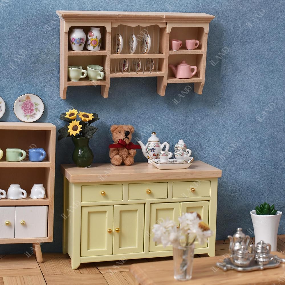 iLAND Dollhouse Furniture Miniature Cabinet for 1:12 Scale Accessories Wooden Dollhouse Kitchen Furniture Mini House Modern Décor Storage Cabinet with Drawers Classic Cupboard for Living Room Bedroom
