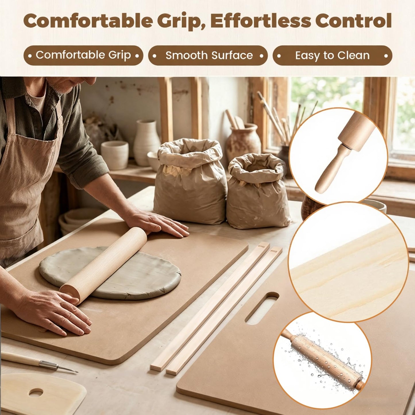 15 Pcs Wooden Pottery Tools Set – Clay Rolling Pin with Thickness Guides, Clay Wedging Board with Handle, Wooden Pottery Rib & Sponges – Ceramic & Polymer Clay Sculpting Kit