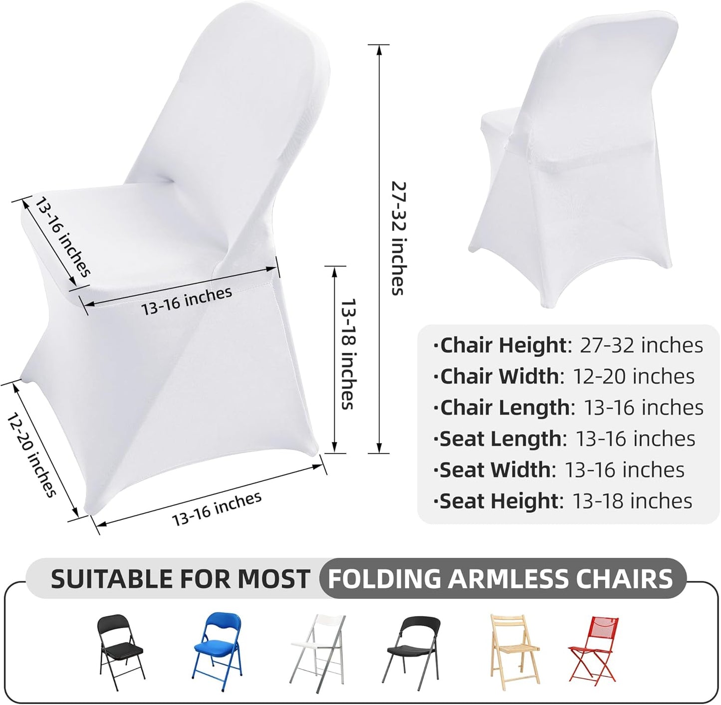 6 Packs White Spandex Stretch Folding Chair Covers for Wedding Party,Universal Fitted Washable Dining Seat Slipcovers