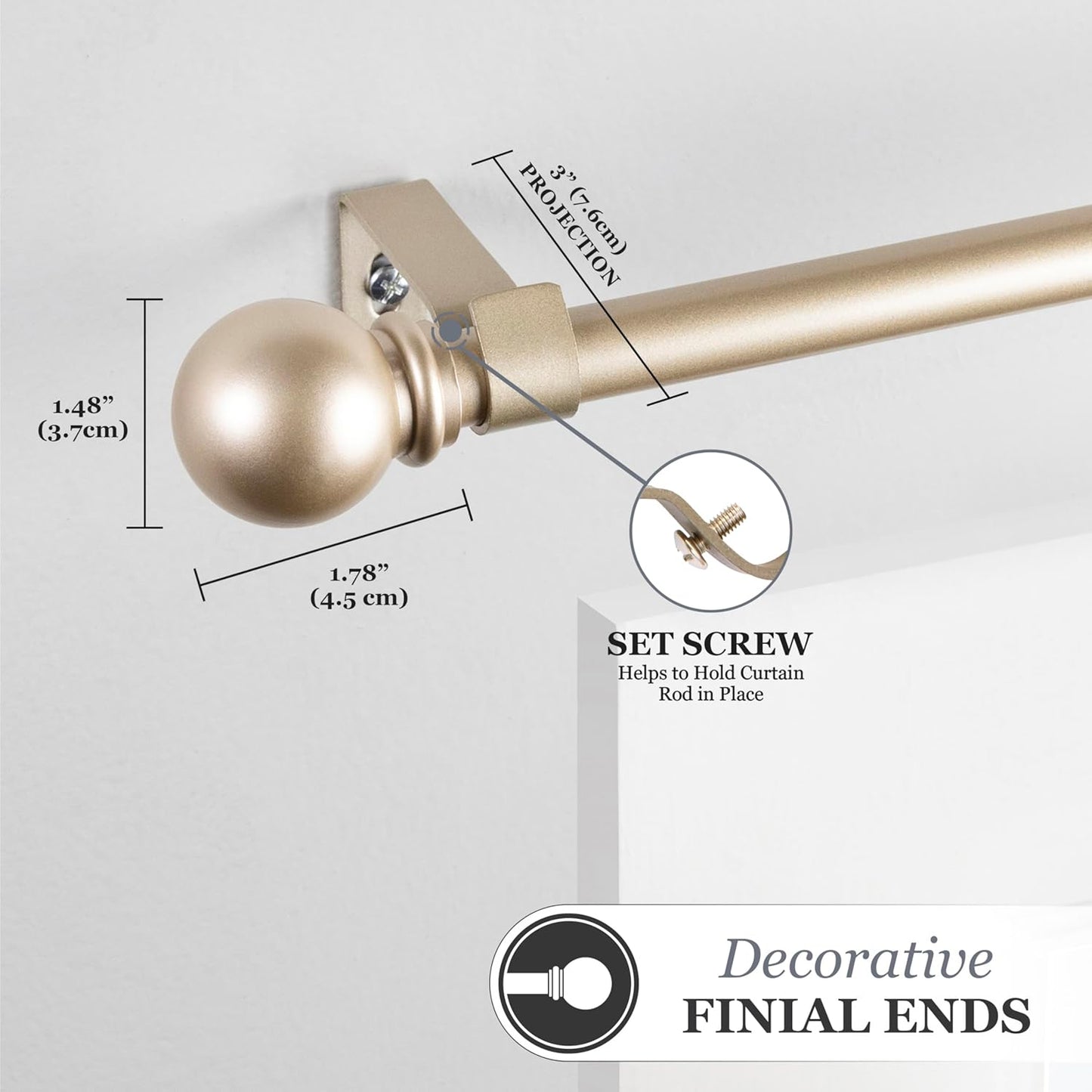 Kenney Chelsea Ball End Window Curtain Rod, Adjustable for Windows 28 to 48 Inches, Soft Brass Gold