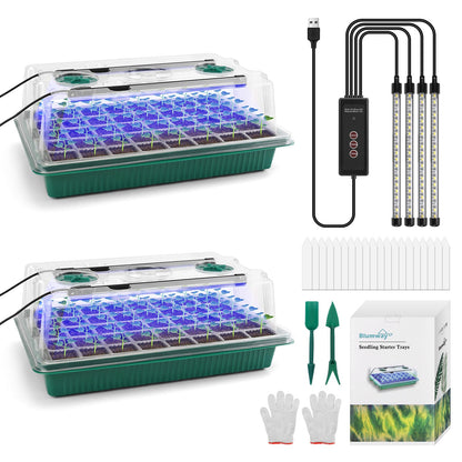 BlumWay Seed Starter Tray with Grow Light,2 Pack 80 Cells Seedling Tray Kit with Humidity Dome/Indoor Plant Starter Kit, Adjustable Brightness Plant Germination Trays