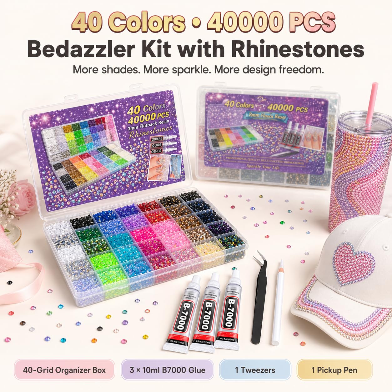 40000 PCS 40 Colors Rhinestones for Bedazzling, 3mm Flatback Resin Gems, Bedazzler Kit with Rhinestones and Tools, 3Pcs B7000 Jewelry Glue, Bedazzling Kit for Nails Clothes Shoes Books Crafts