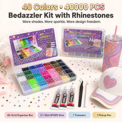 40000 PCS 40 Colors Rhinestones for Bedazzling, 3mm Flatback Resin Gems, Bedazzler Kit with Rhinestones and Tools, 3Pcs B7000 Jewelry Glue, Bedazzling Kit for Nails Clothes Shoes Books Crafts