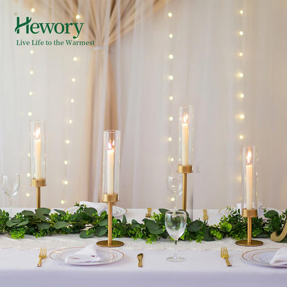 Hewory Gold Candle Holders - 6Pcs Brass Hurricane Candlestick Holders with Glass Candle Cover for Wedding Table Centerpiece Christmas Decor