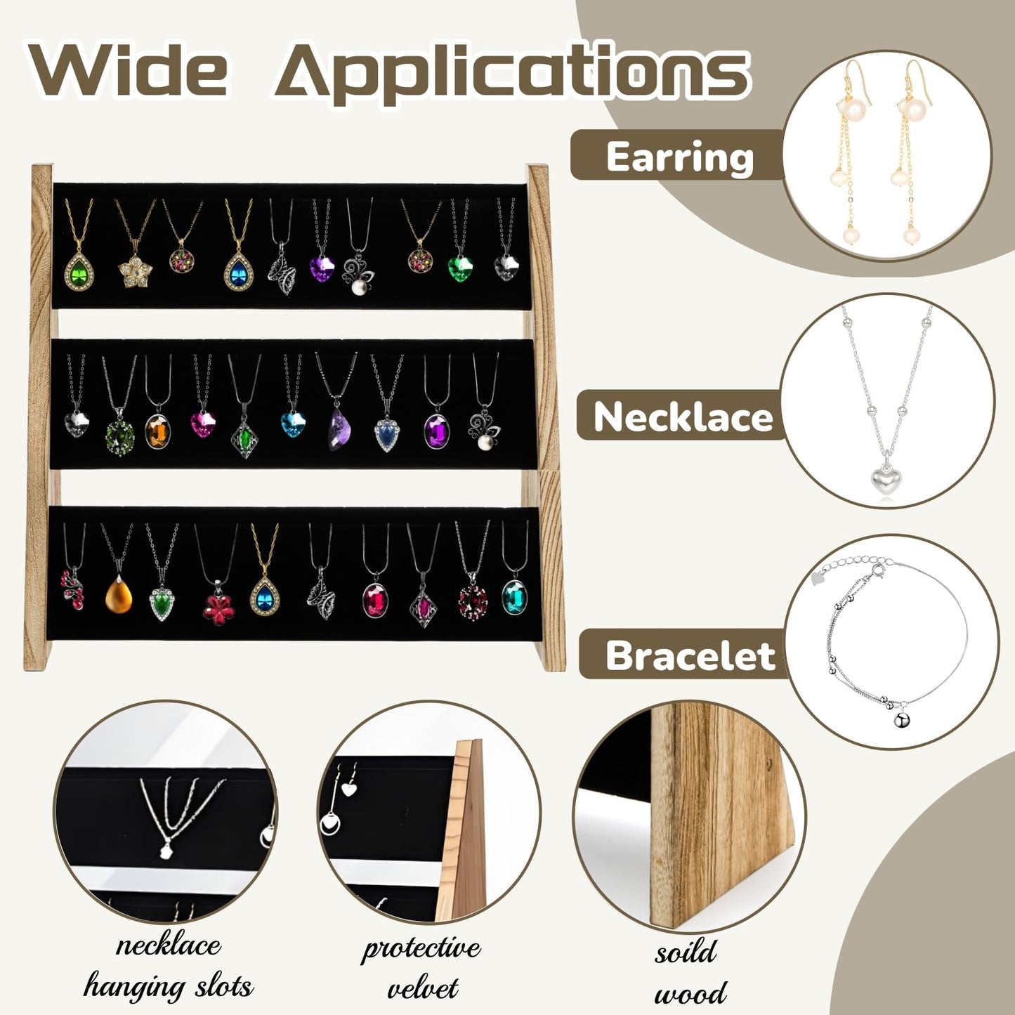Acshio 3 Tier Necklace Display Stand, Wood Necklace Holder Organizer with Velvet, 72 Slot Tabletop Jewelry Stand Storage for Selling Bracelets Earring, Home Store Trade Show