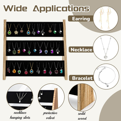 Acshio 3 Tier Necklace Display Stand, Wood Necklace Holder Organizer with Velvet, 72 Slot Tabletop Jewelry Stand Storage for Selling Bracelets Earring, Home Store Trade Show
