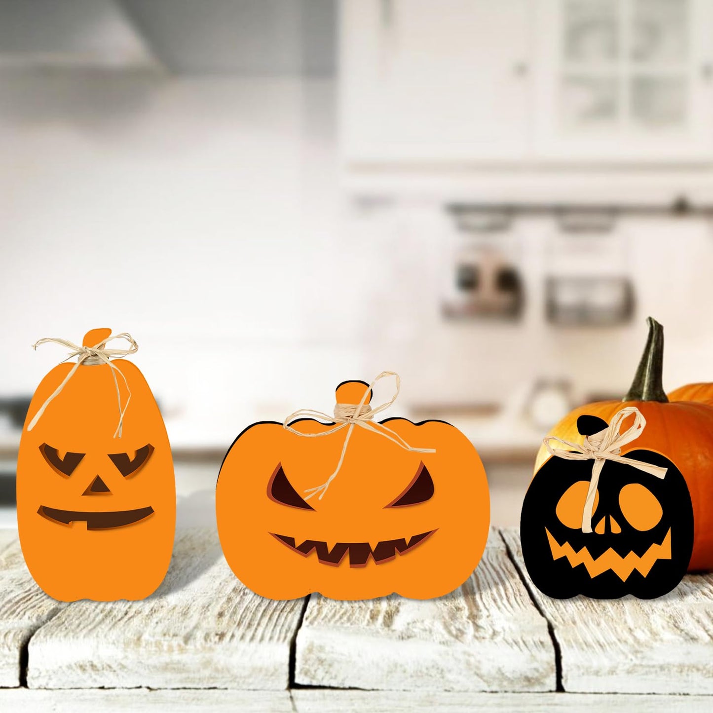 Whaline 3Pcs Unfinished Fall Pumpkin Wooden Cutout with Natural Raffia Pumpkin Shaped Tiered Tray Decor Pumpkin Wooden Table Sign for Autumn Thanksgiving Halloween Home Office Table Decor DIY Crafts