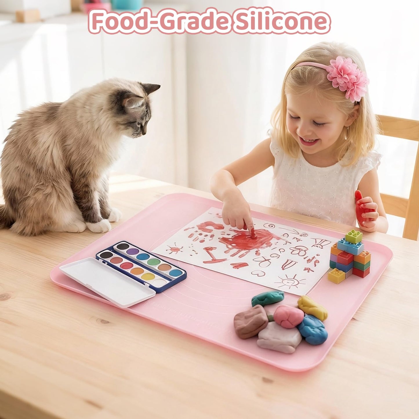 Extra Large Silicone Painting Mat for Crafts, 24”x 19” Waterproof Art Mat with Raised Sides, for Paint, Clay Playdough, & Jewelry-Making (Pink)