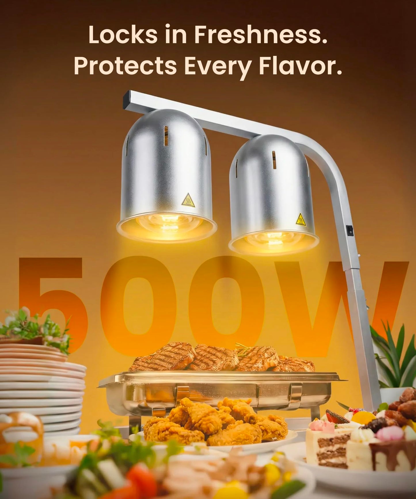 AZZO KITCHEN Heat Lamp for Food 500W Teflon-Coated Bulbs Food Heat Lamp for Fast and Even Heating Commercial Food Warmer with 5 Adjustable Height Lamp Stand for Home Restaurant Buffet Bakery Silver