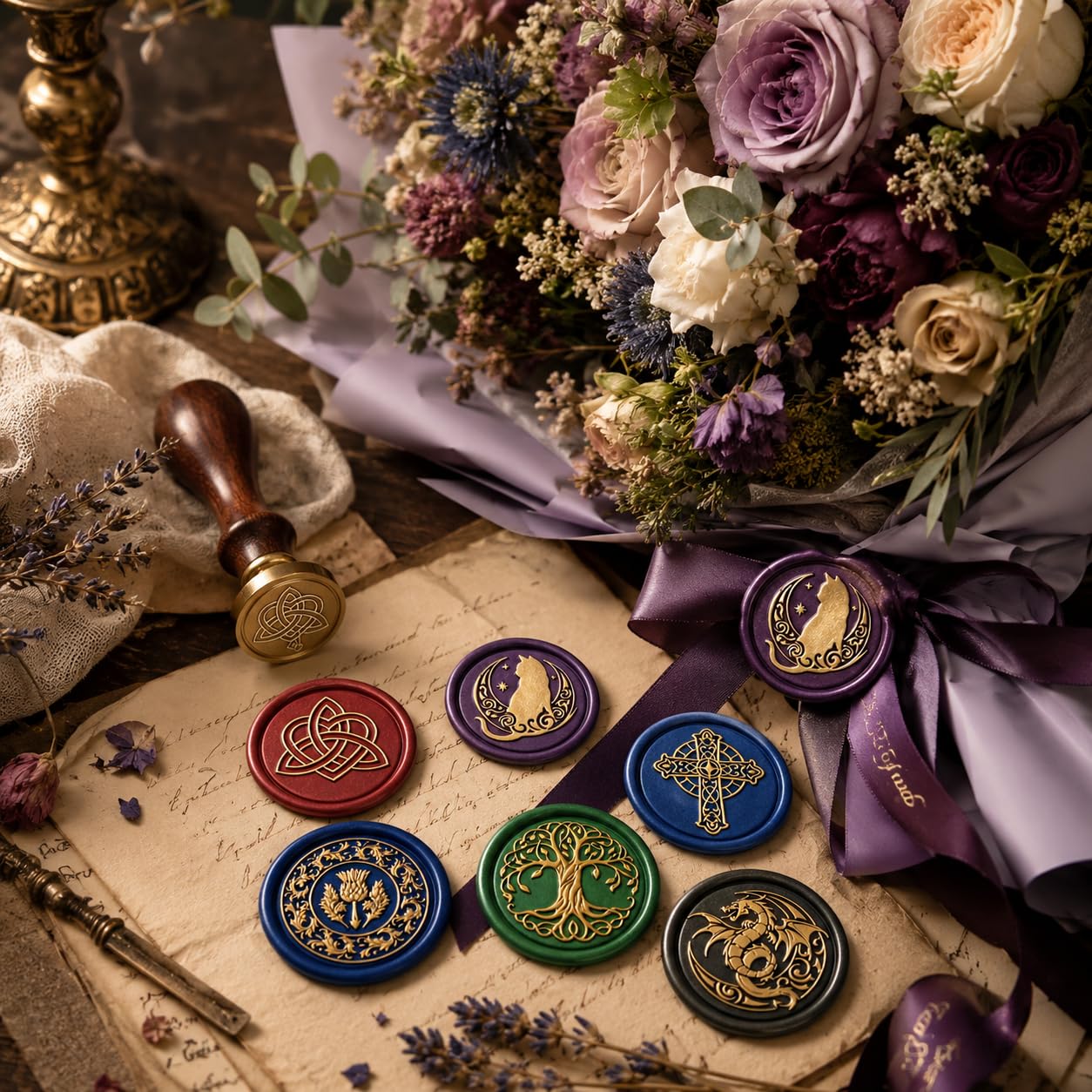 SWANGSA Celtic Wax Seal Stamp Gift Box Set, Vintage 6 Sealing Heads + 1 Wooden Hilt, Wax Stamp Kit for Party Invitations, Envelopes, Cards and Gift Packaging