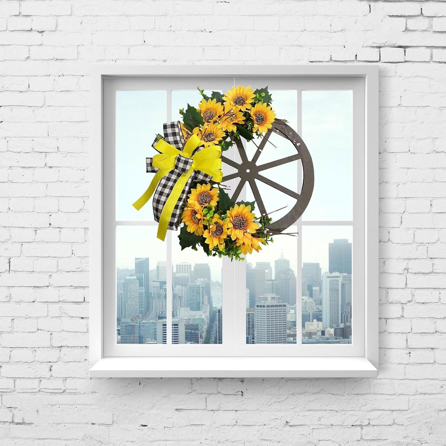 Sunflower Wagon Wheel Wreath for Front Door, Wooden Decor with Sunflower and Bow, 17.7in Spring Wreath