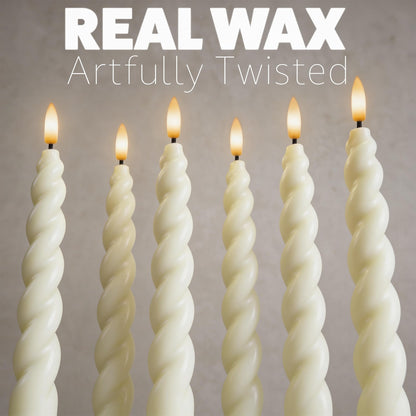 West Ivory Full Twisted Spiral Flameless LED Taper Candles – Ivory, Set of 6 – 2/4/6/8-Hr Timer (24-Hr Memory), Remote, Dimmable, Bottom On/Off Button, Flicker/Steady, Battery Operated