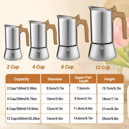 Vaolvpant No Coating 12 Cup Moka Pot Thickened 304 Stainless Steel Stovetop Espresso Coffee Maker 600ml 20oz Mocha Percolator Greca Cuban Ideal for Making Rich Authentic Italian Café