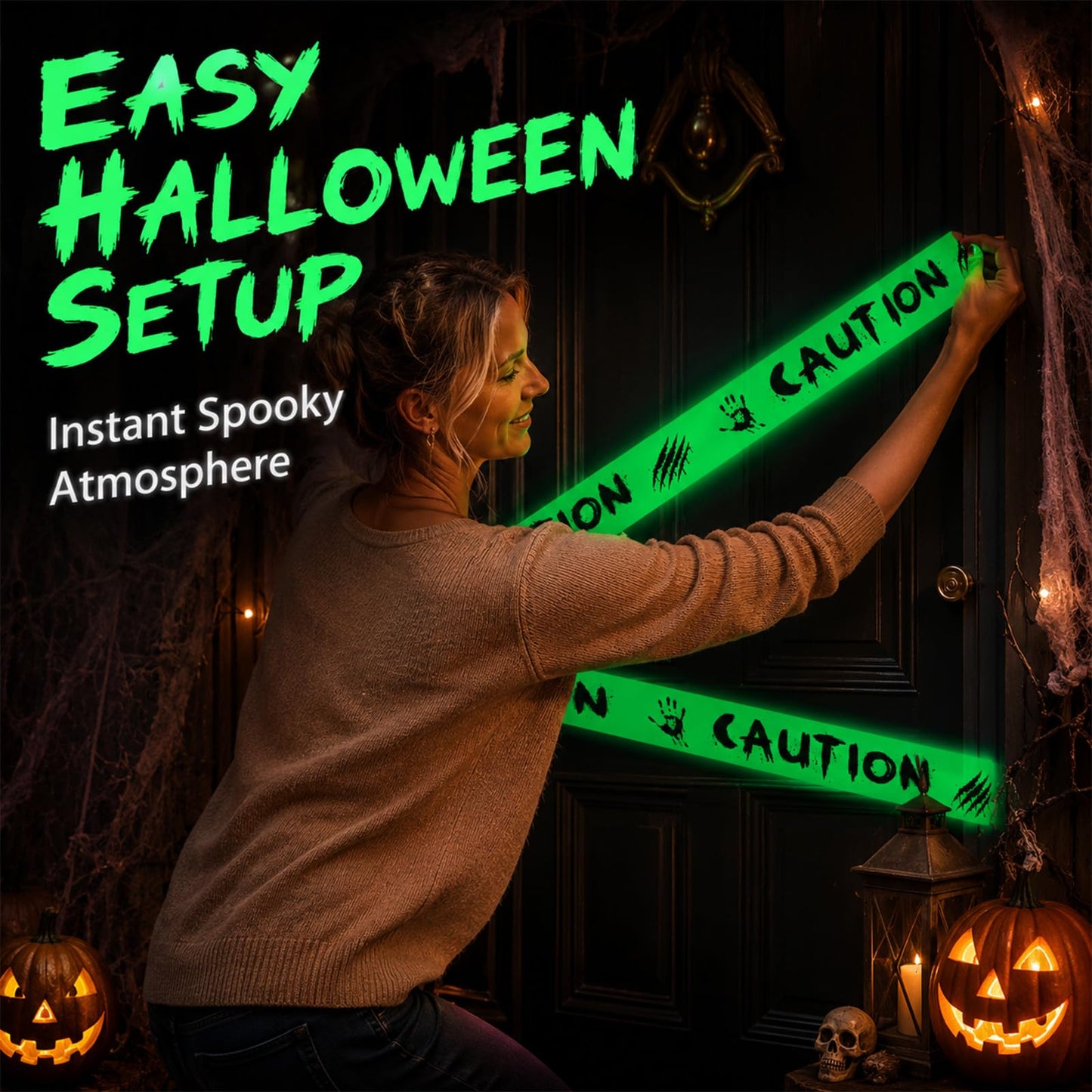 Zeptrix Glow in The Dark Halloween Decorations Caution Tape 2inx32.8ft Scary Warning Glow Tape Roll Indoor Outdoor Barricade Safety Night Decor Spooky DIY Home Party Door Danger Zones Office Yard