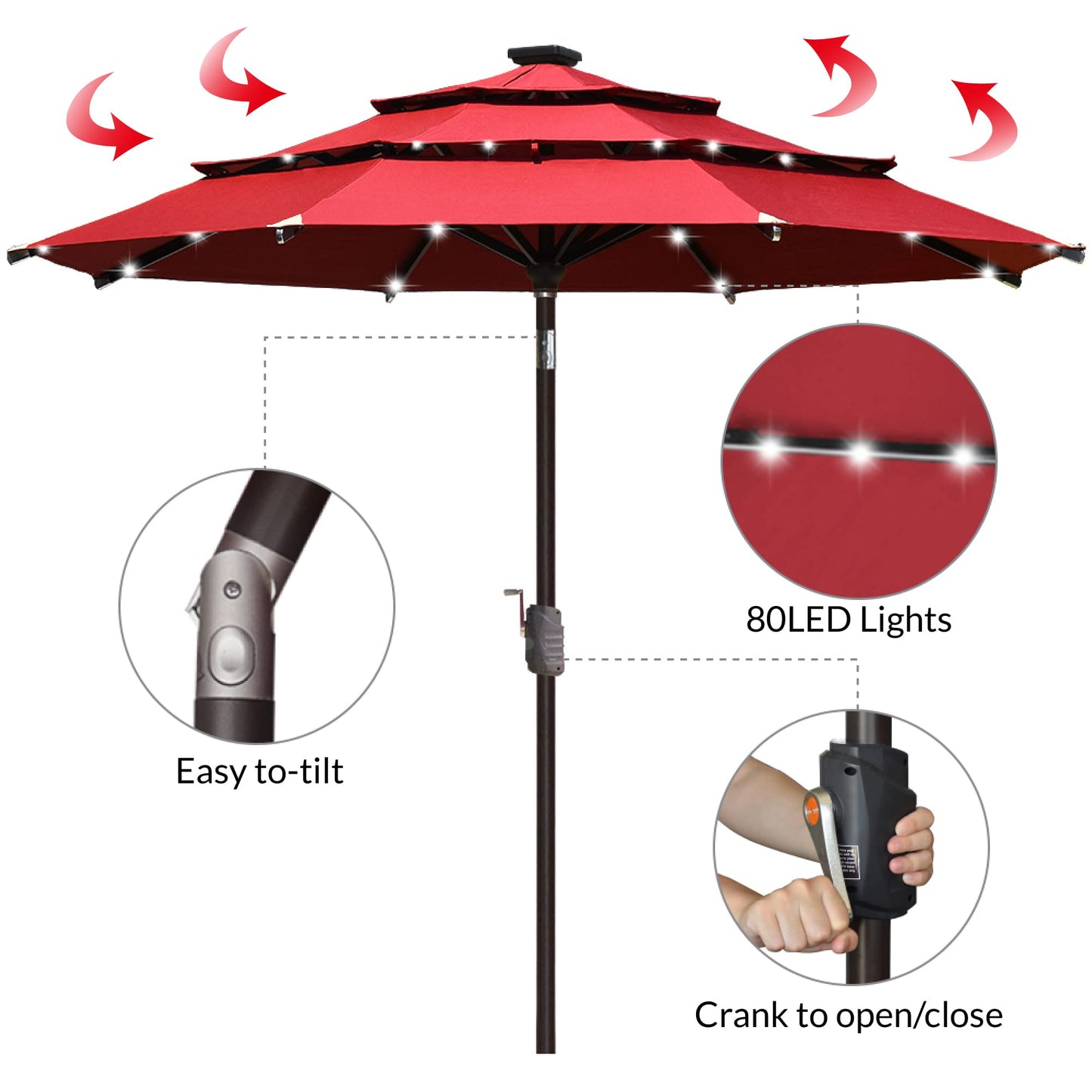 EliteShade USA 10-Year-Non-Fading 9ft 3-Tier Market Patio Umbrella, Commercial Table Umbrella with 80 Solar LED Lights, Crank Open, Windproof & UPF 50+ UV Protection for Garden, Deck, Pool, Backyard, Logo Red