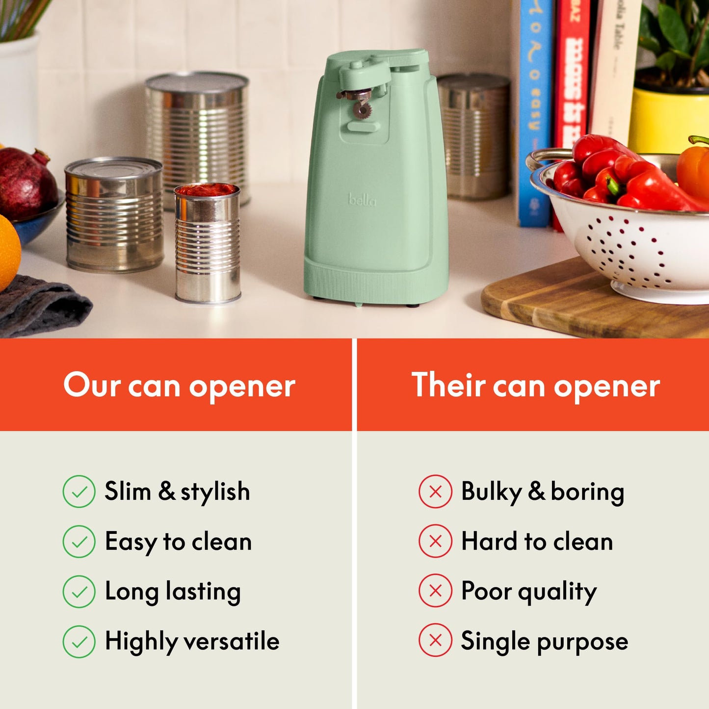 bella Electric Can Opener and Knife Sharpener, Multifunctional Jar and Bottle Opener with Removable Cutting Lever and Cord Storage, Stainless Steel Blade, Surf
