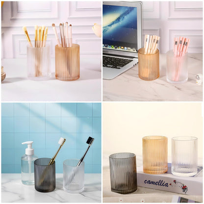 DASITON Makeup Brush Holder Organizer, Crystal Cosmetic Makeup Brushes Storage Holder, Glass Make Up Brush Holder, Vintage Striped Make Up Cup Desk Pen Pencil Holder, Toothbrush Holders (Coffee S)