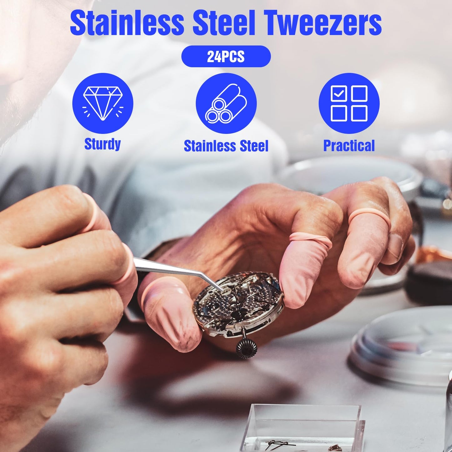 24Pcs Stainless Steel Tweezers with Curved Serrated Tip, 6Inch Long Tweezer for Crafting, Non-Slip Sewing Machine Tweezers High Precision Multipurpose Tweezer for Craft Sewing (Silver)