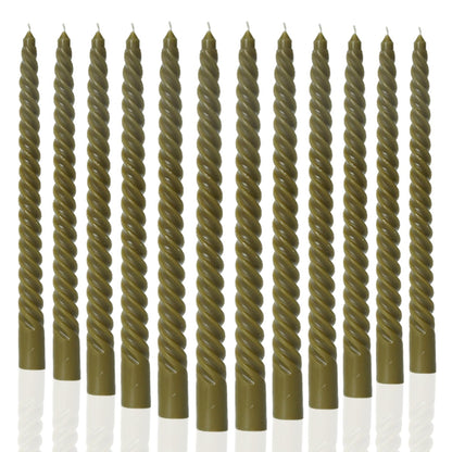 MAITREYA Olive Green Taper Candles Stick Spiral Twisted Candles-Set of 12 for Decoration Weddings Party Church-Unscented Dripless Candles,10inch(F-Olive)