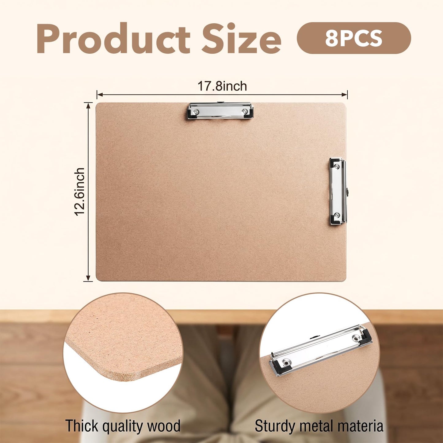 8 Pcs Clipboard Drawing Board with Low Profile Double Clip, 11x17in Extra Large Landscape Hardboard Clipboard for Drafting, Sketching, and Office Use, Brown Wooden Lap Boards