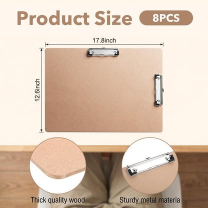 8 Pcs Clipboard Drawing Board with Low Profile Double Clip, 11x17in Extra Large Landscape Hardboard Clipboard for Drafting, Sketching, and Office Use, Brown Wooden Lap Boards