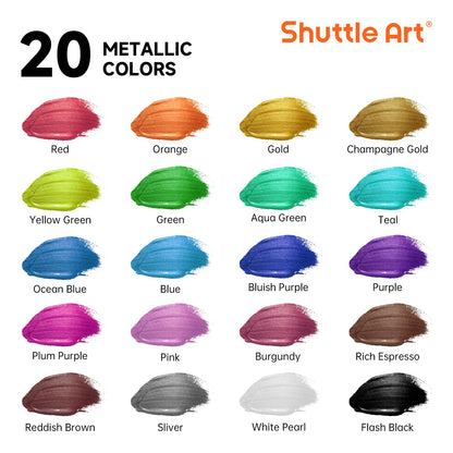 Shuttle Art Metallic Acrylic Paint Set, 20 Colors Metallic Paint in Bottles (60ml, 2oz) with 10 Brushes and 1 Palette, Rich Pigments, Non-Toxic for Artists, Beginners on Rocks Crafts CanvasWood Fabric