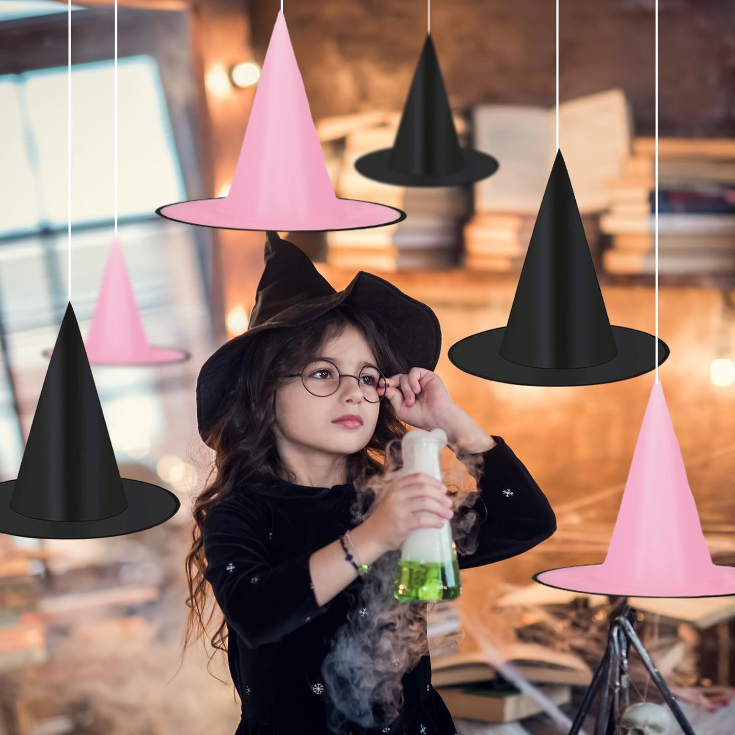 JarThenaAMCS 12Pcs Halloween Witch Hats with 16Pcs 3D Bat Stickers 109 Yard Hanging Rope Pink Black Hanging Witch Caps for Home Party Decoration