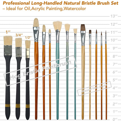 14 Paint Brushes Set with Brush Holder, Includes Hog Bristle & Weasel Hair Brushes for Oil, Acrylic, and Watercolor, Rotating Metal Clamp Convenient Storage and Positioning During Painting