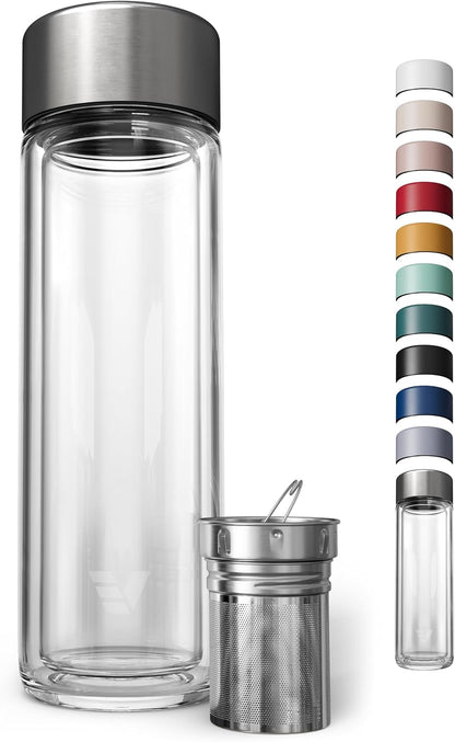 14oz Glass Multi Tea Infuser Bottle - Double Wall Borosilicate Glass Flask | No Plastic Touches Contents | Perfect