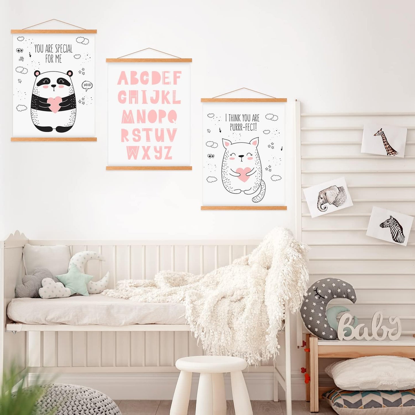 Magnetic Poster Hanger Kit for Walls, 37" Teak Wood, 37x28, 37x40, 37x25, Dowel Scroll Hanger for Artwork