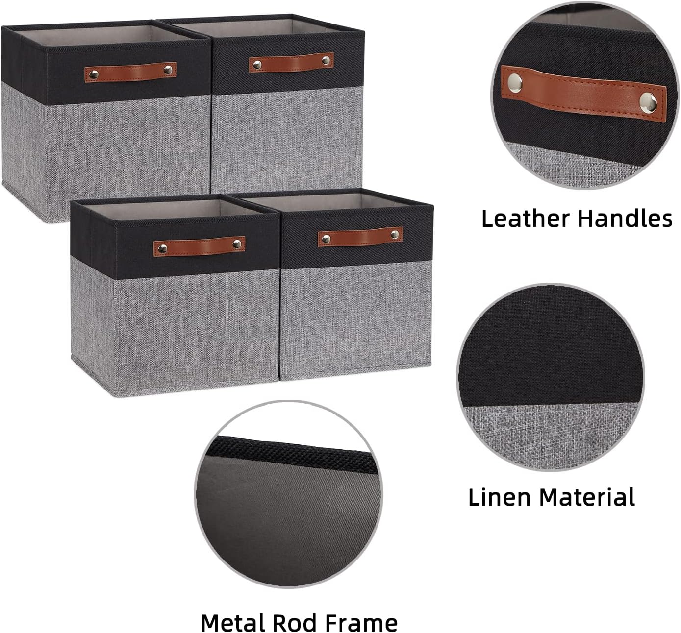 HNZIGE Fabric 11x11 Cube Storage Bins, Set of 4, Foldable Baskets for Shelves with Handles for Home Toy Organizer