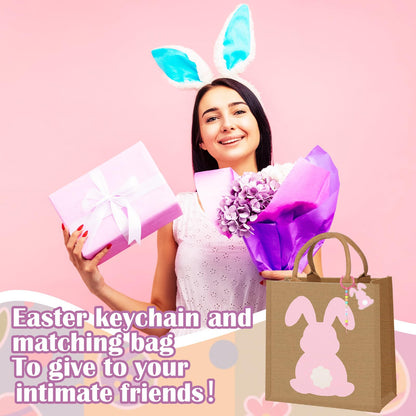 Hillban 4 Sets Personalized Easter Burlap Gift Bags Reusable Large Egg Hunt Bunny Tote with Handles and DIY Name Beads Keychain Making Kit for Women Jute Baskets for Easter Party Favors Gifts Storage