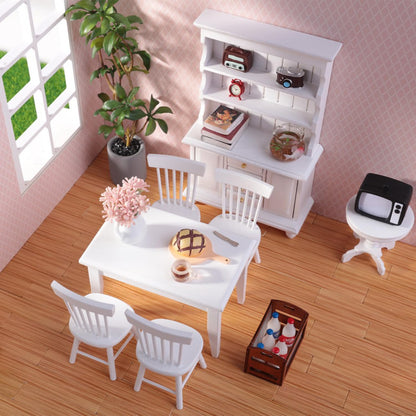 Minamzee 1/12 Dollhouse Table Chair Set, 17pcs Wooden Miniature Kitchen Furniture Set with Breakfast Accessories for Dining Room