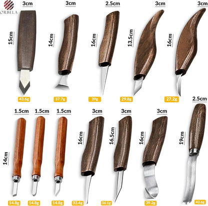 Orbela 16PCS Wood Carving Tools Set Heavy Duty with Leather Roll Bag - Complete Wood Carving Kit for Beginners & Experts, Whittling Knives, Wood Carving Chisels, Sharpening Strop, Gloves Woodworking