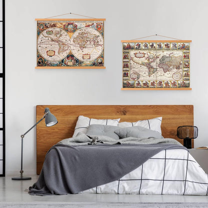 Magnetic Poster Hanger Kit for Walls, 37" Teak Wood, 37x28, 37x40, 37x25, Dowel Scroll Hanger for Artwork