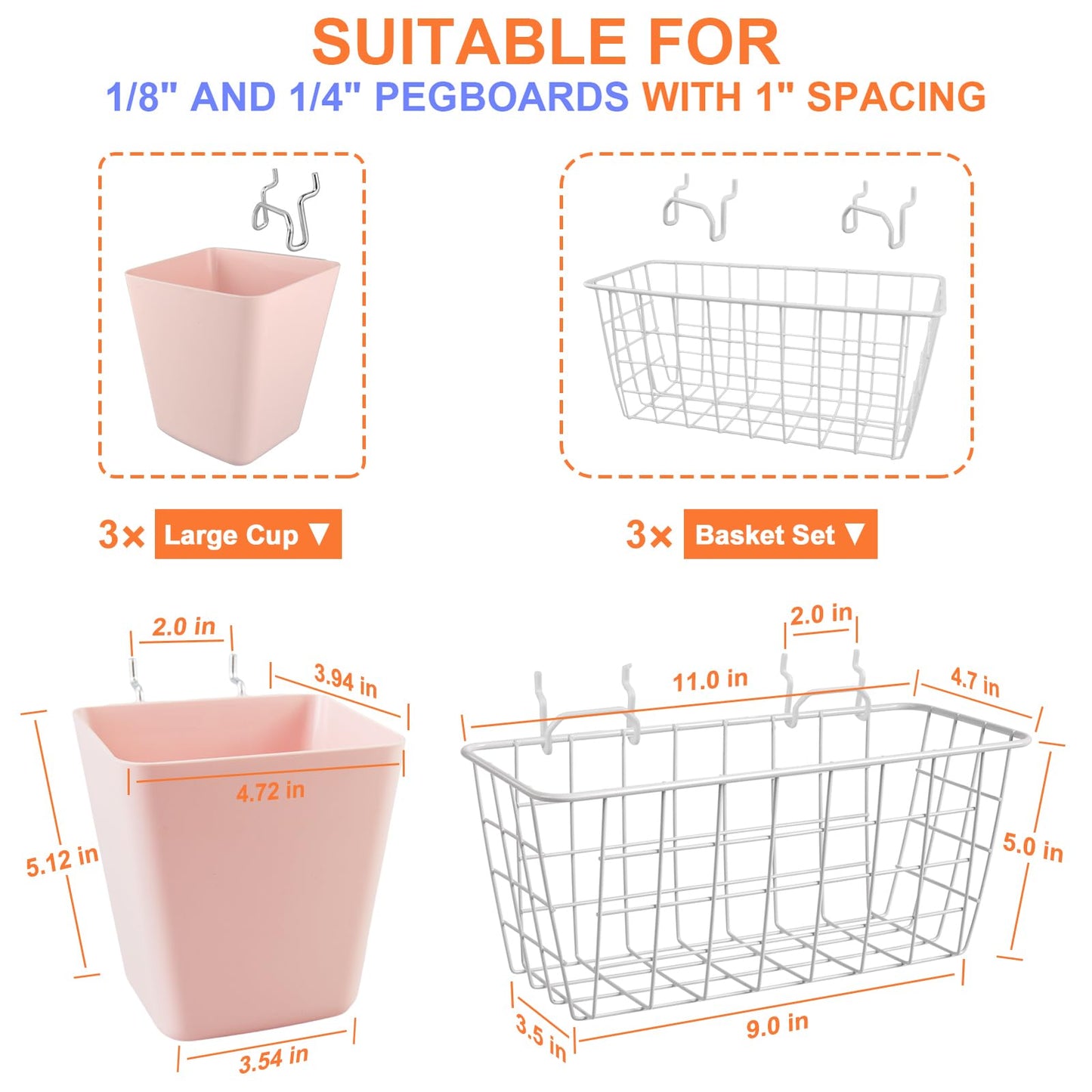 Pegboard Basket Organizers, Peg Board Large Baskets Hooks Bins Cups Tool Organizer 6 Pack Set, Wall Storage Display Hanging Accessories for Craft Office Stadio Shed Garage Organization (White & Pink)