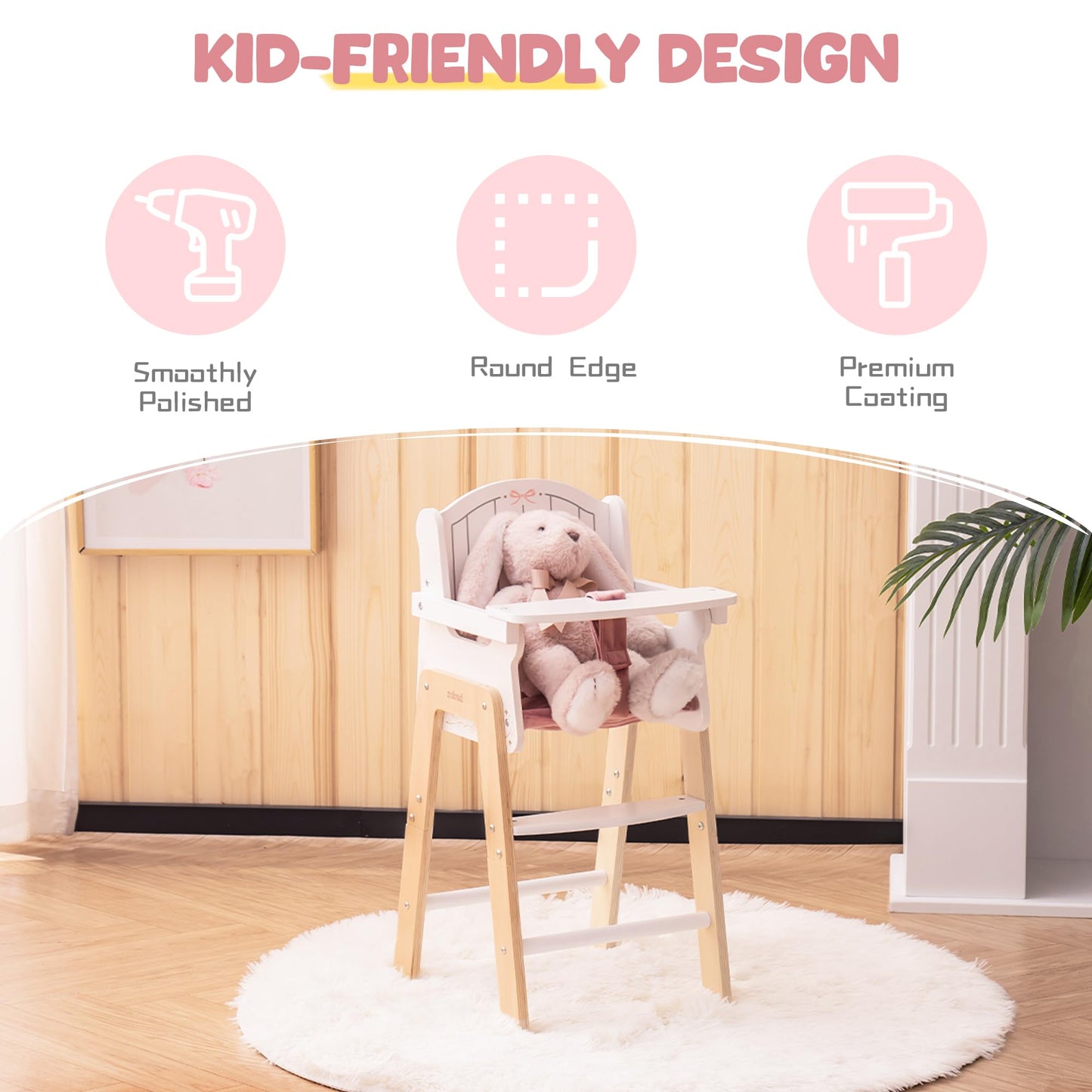 ROBUD Play High Chair, Pretend Play High Chair with Cushion, Movable Table, Wooden Baby Doll Accessories, Fits 18-20 Inch Dolls, White