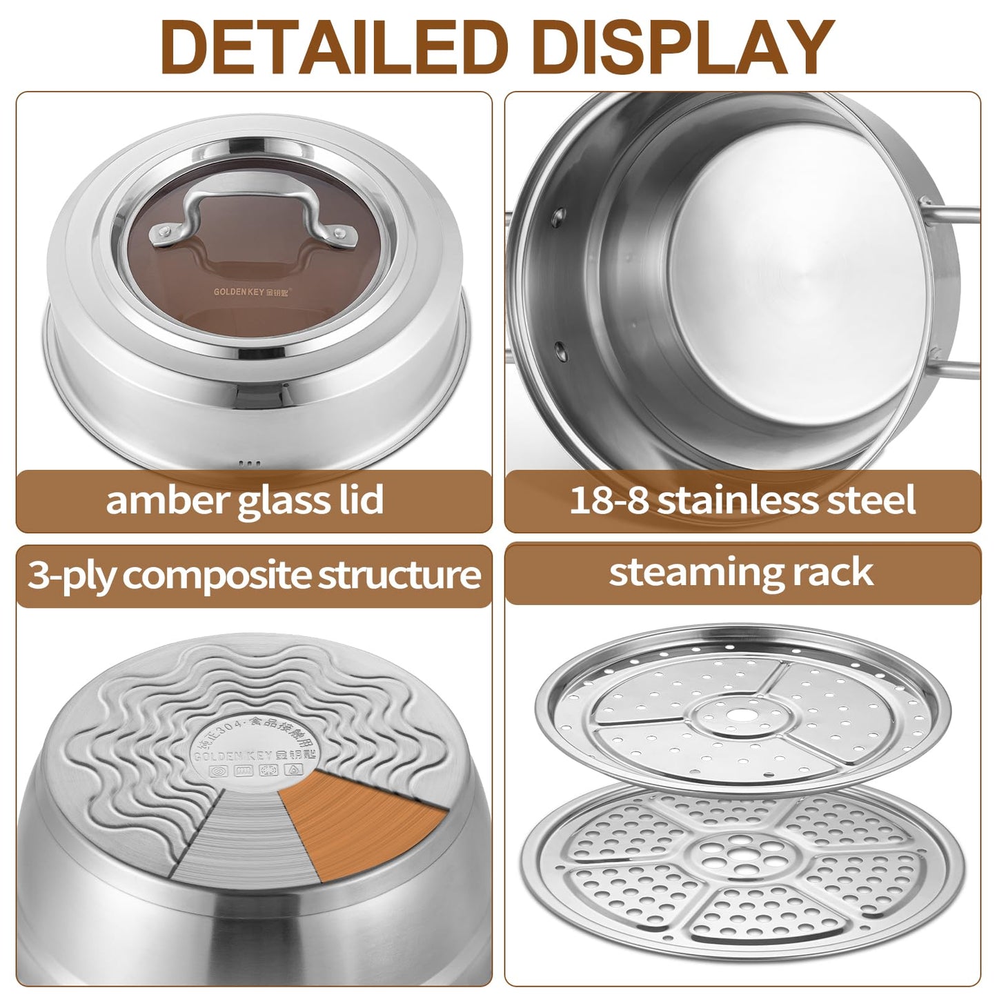 GOLDEN KEY 7.4 QT Steamer for Cooking, 2-Tier Multipurpose 18/8 Stainless Steel Steamer Pot with Lid for Vegetable, Seafood, Rice, Dumplings, Works with Gas Electric Induction Stove