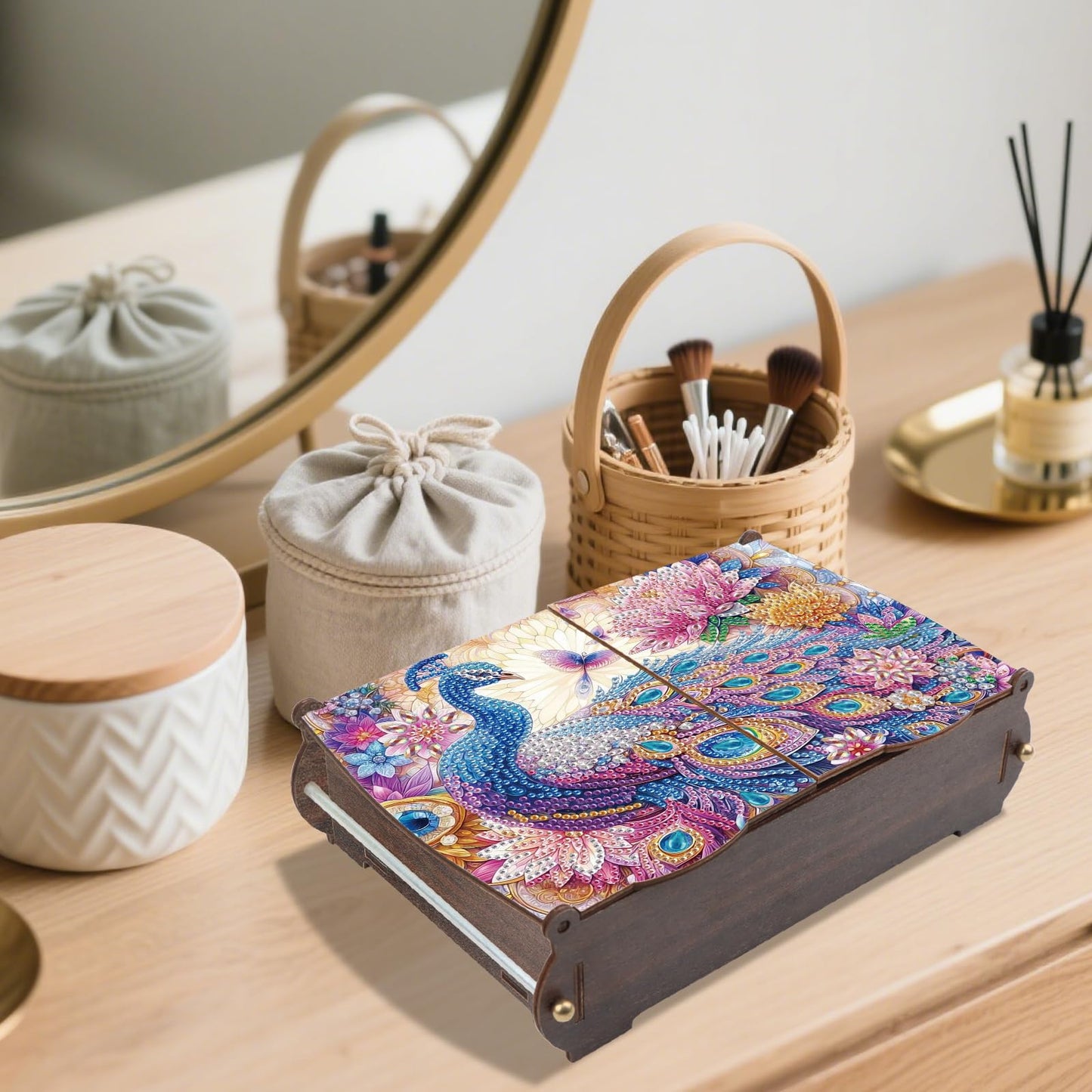 JZHYOAN Diamond Painting Wooden Storage Box Diamond Painting Handmade Art Desktop Decoration Kits, DIY Special Shaped Diamond Art Decorative Organizer with Peacock Pattern for Adult