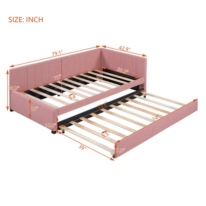 Brisca Upholstered Linen Daybed with Trundle,Twin Size Sofa Bed Frame W/Wooden Slats,for Bedroom,Apartment,Studio,Pink