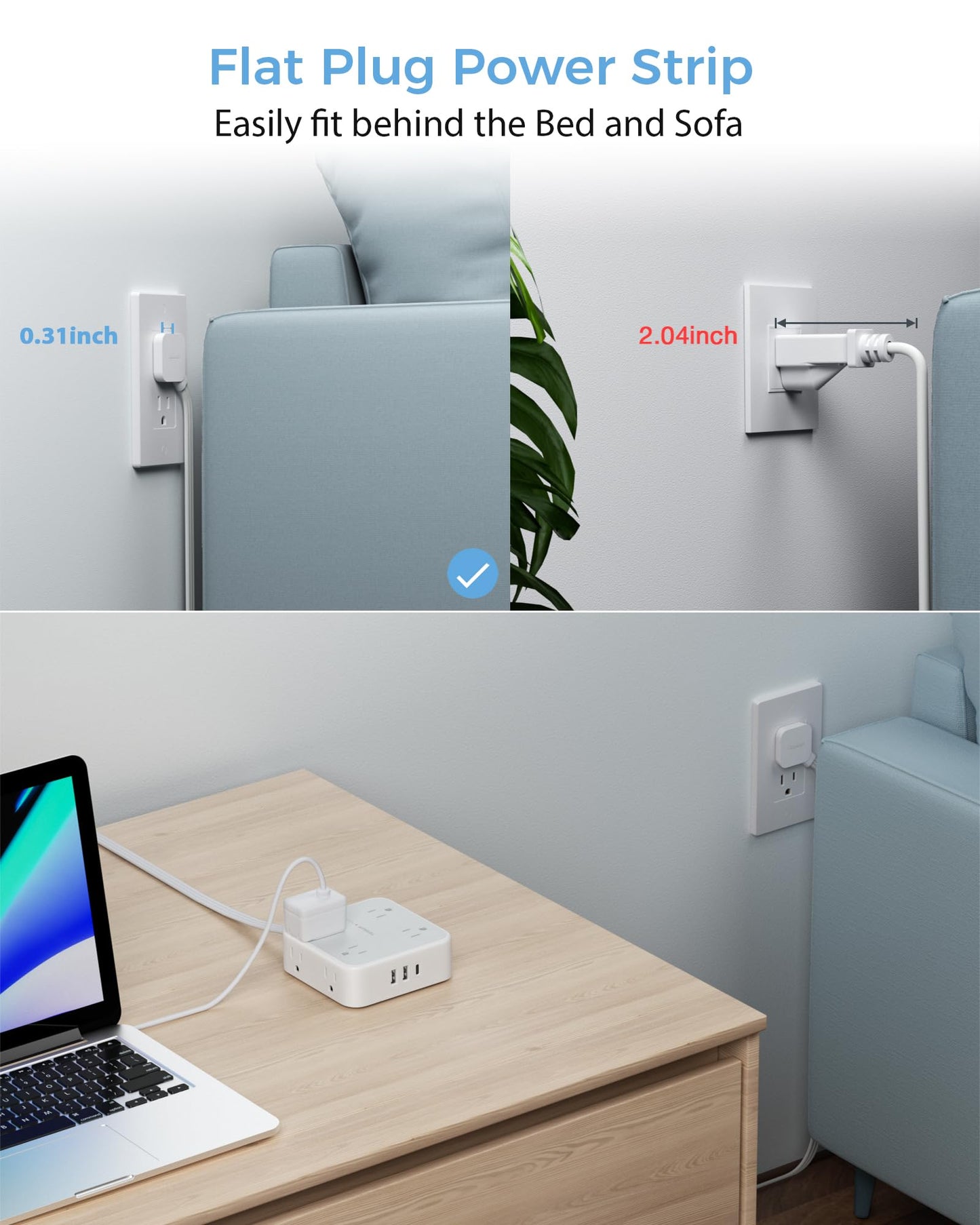 TESSAN Surge Protector Flat Extension Cord Flat Plug Power Strip, 8 AC Outlets, 3 USB Charger(1 USB C Port) 3 Sided Outlet Extender, 5 Ft, 900 Joules Protection, Office Supplies, Dorm Room Essentials