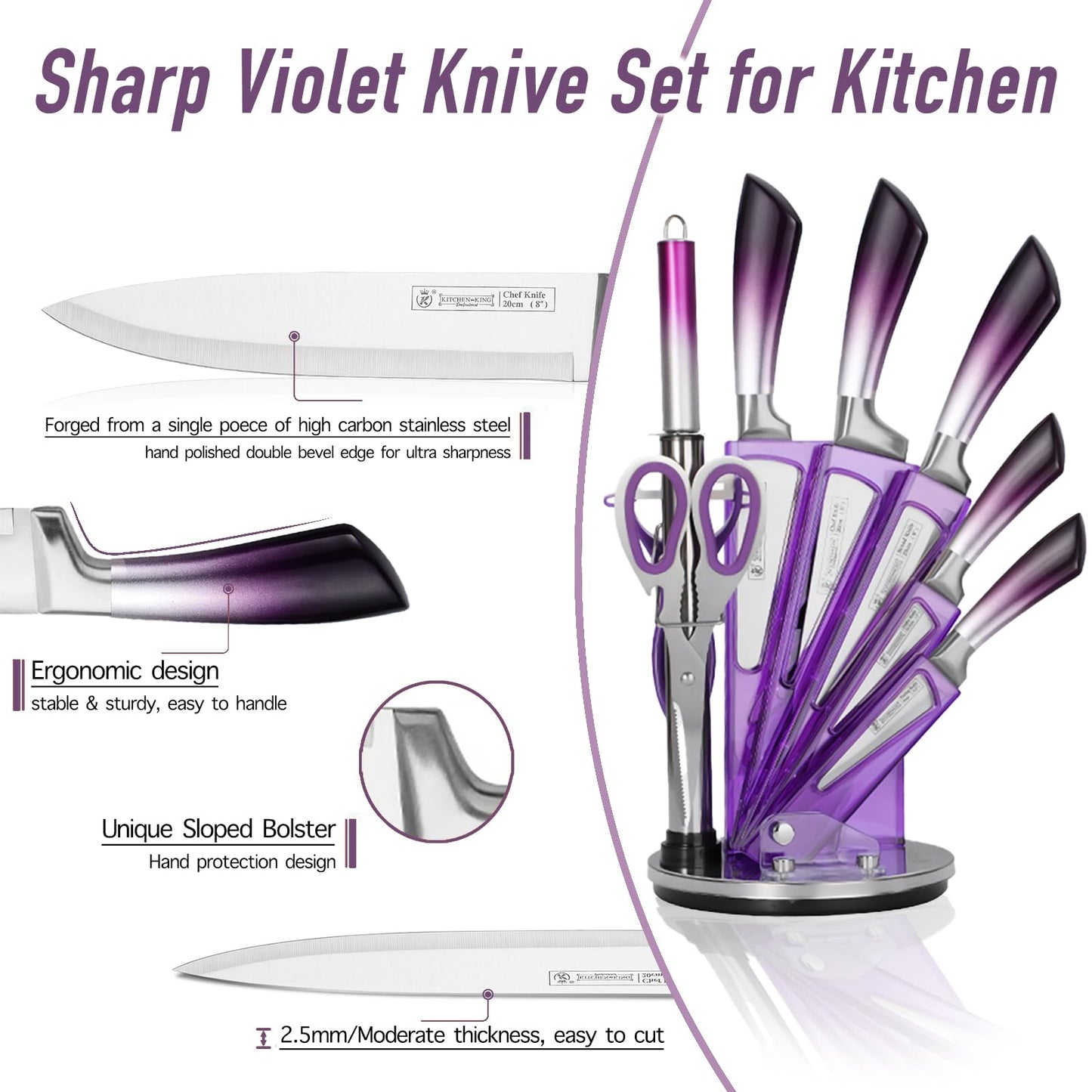 KOSHA Kitchen Knife Set, 9 Piece Knife Set with Block, with Sharpener, High Carbon Stainless Steel Accessories for Kitchen, Rust Proof, Non-Stick Coated, Ergonomic Hollow Horseshoe-shaped Handle