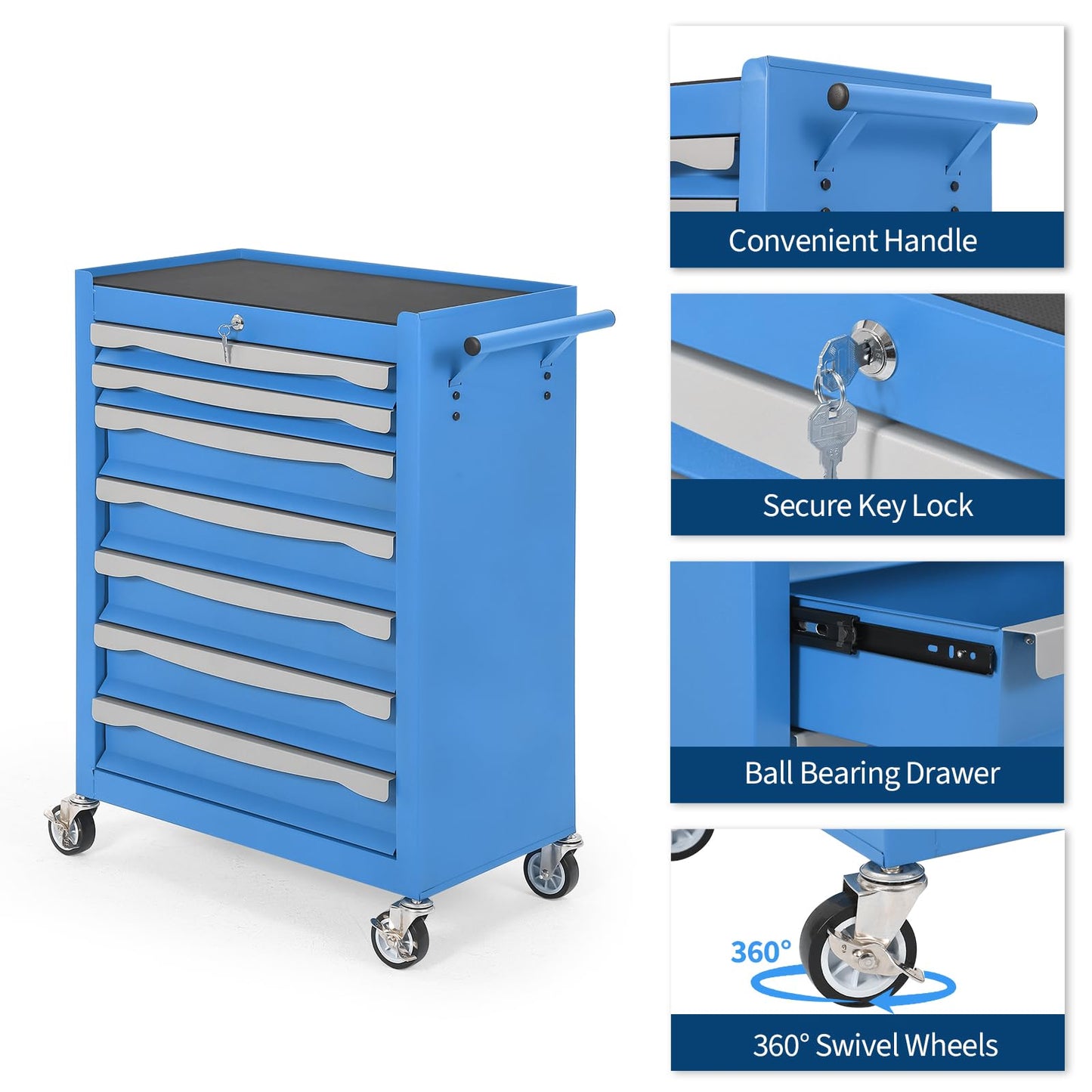 IDEALHOUSE Rolling Tool Chest, 7-Drawer Tool Chest with Drawers Modular,Mobile Heavy Duty Tool Box with Lock,Drawer Liners & Link Buckle, Steel Toolbox for Garage, Workshop, Warehouse, Blue