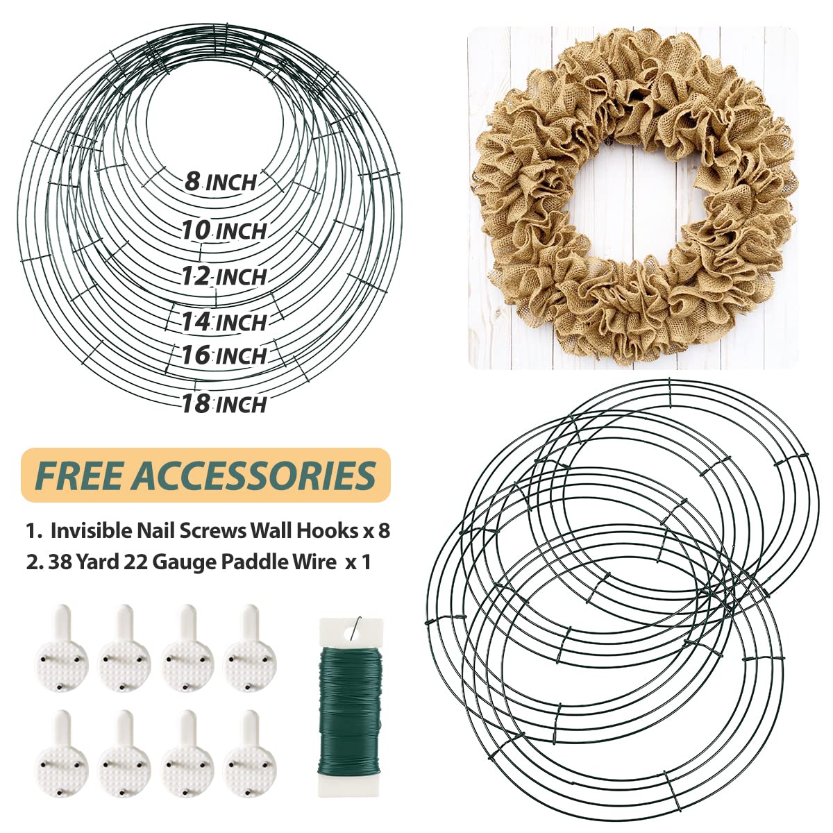 8 Pack Wire Wreath Frame 12 Inch Metal Form Ring for Crafts DIY Front Door Christmas New Year Valentines Wedding Garden Home Party Decoration with 38 Yard Paddle Wire